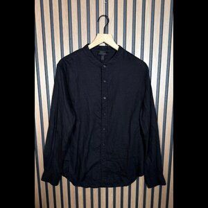 Magaschoni Shirt Small Men Black Long Sleeve Linen Collarless Button Down Casual